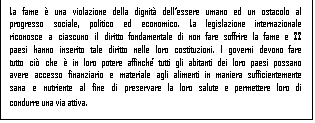 Casella di testo: La fame è una violazione della dignità dell'essere umano ed un ostacolo al progresso sociale, politico ed economico. La legislazione internazionale riconosce a ciascuno il diritto fondamentale di non fare soffrire la fame e 22 paesi hanno inserito tale diritto nelle loro costituzioni. I governi devono fare tutto ciò che è in loro potere affinché tutti gli abitanti dei loro paesi possano avere accesso finanziario e materiale agli alimenti in maniera sufficientemente sana e nutriente al fine di preservare la loro salute e permettere loro di condurre una via attiva.